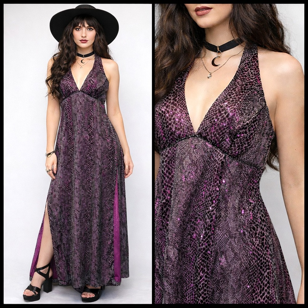 Vintage Y2K Morgan & Co Halter Maxi Dress 5/6 Purple Sequin Witchy Fairy Grunge